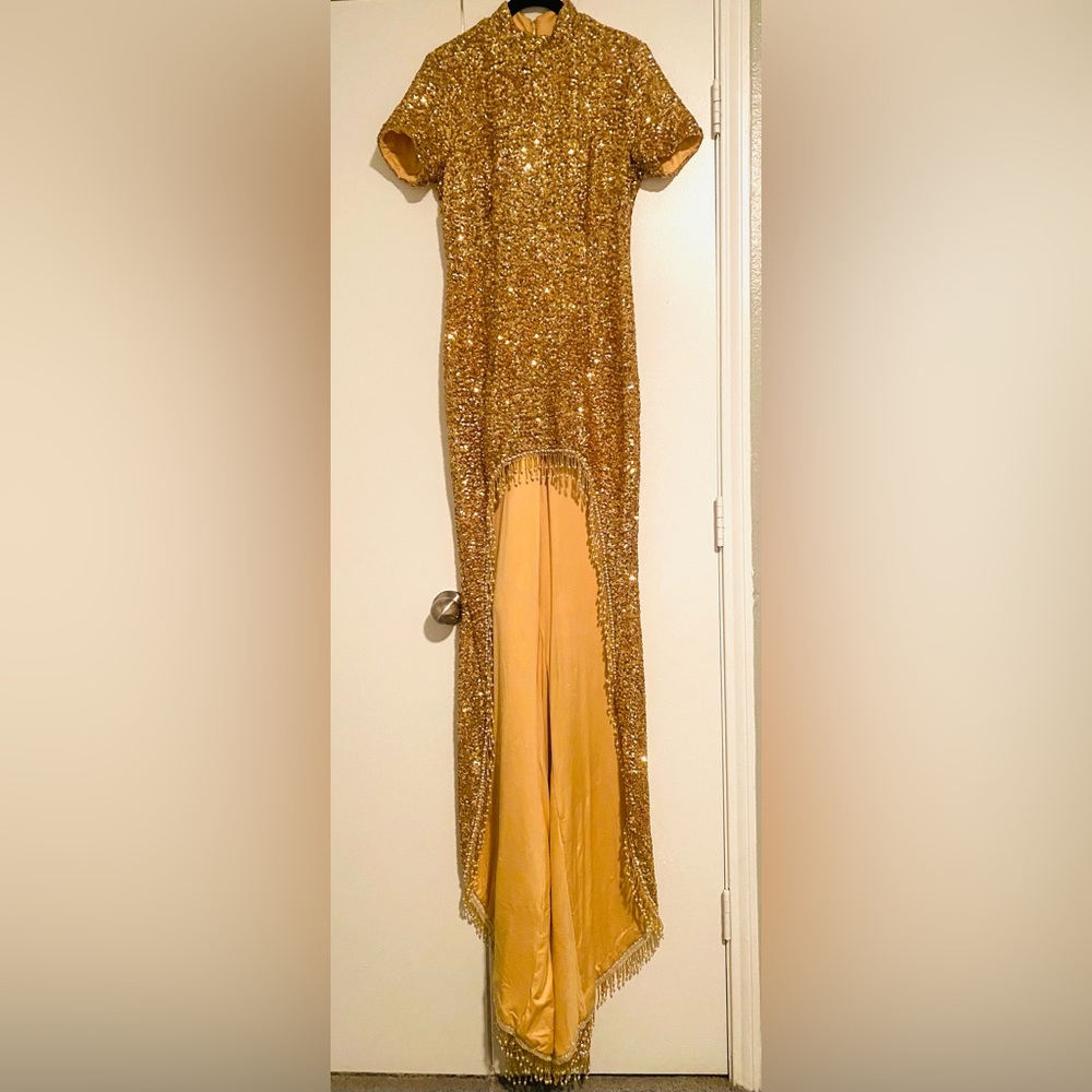 Gold Sequin Fringe Dress with Train